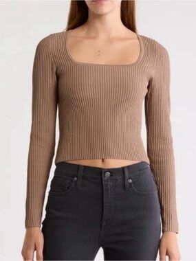 Madewell Ribbed Square-Neck Long Sleeve Top - Brown